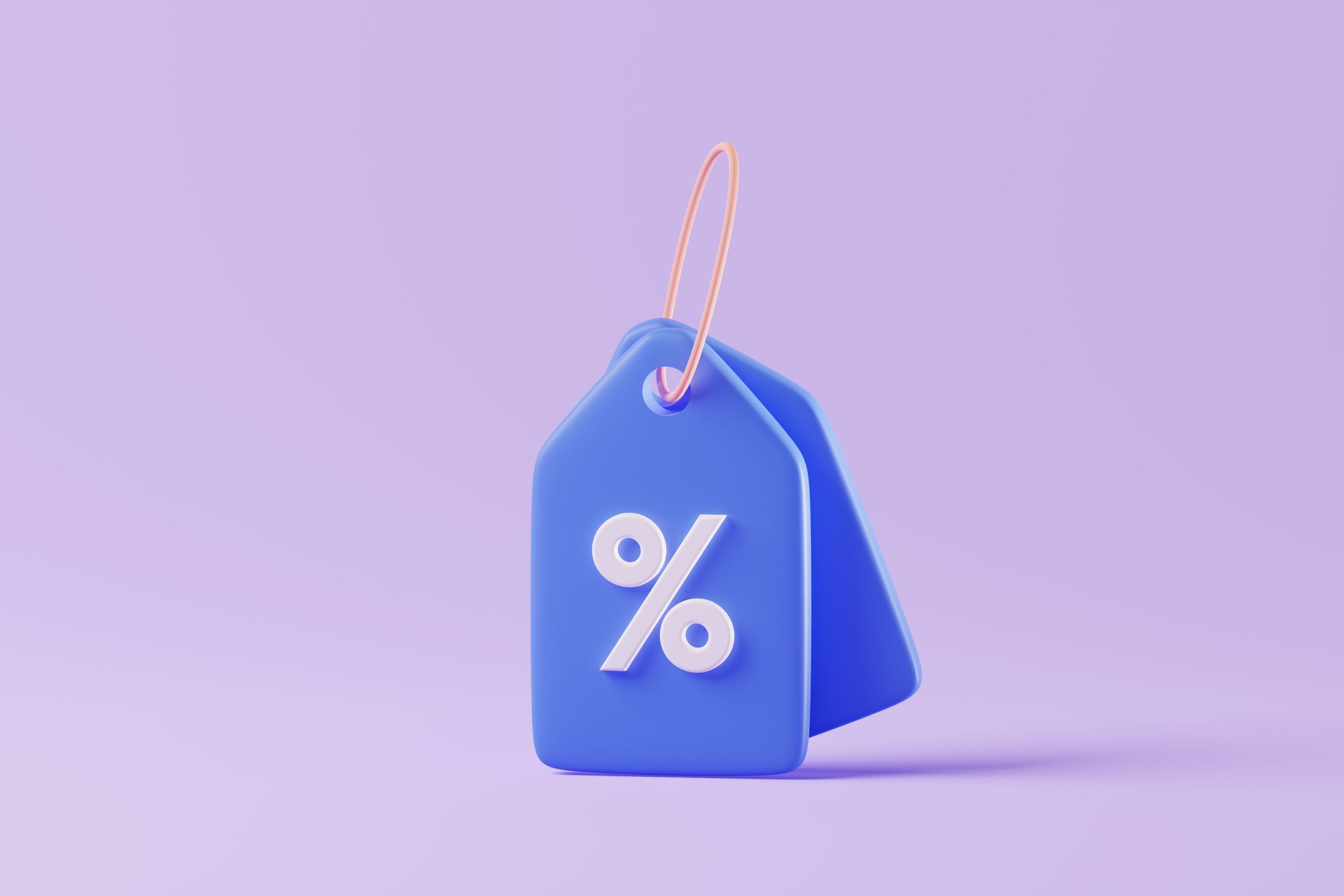 3D rendering percentage on a blue price tag on background. Sale, discount, seasonal promotion concept